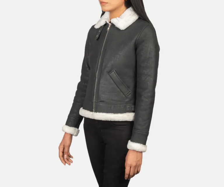 Sherilyn B-3 Black & White Leather Bomber Jacket Luxury Women's Outerwear — Three-Quarter Editorial Perspective