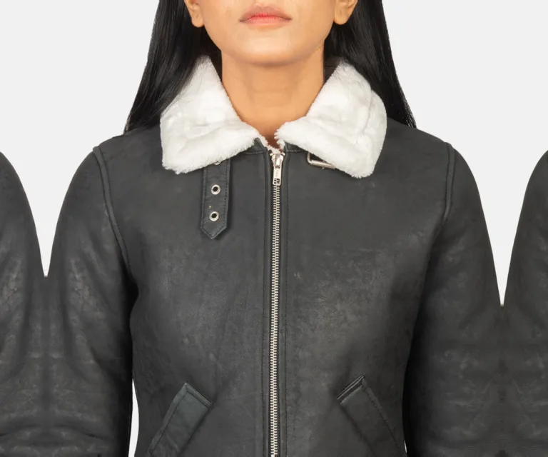 Sherilyn B-3 Black & White Leather Bomber Jacket Luxury Women's Outerwear — Full-Length Silhouette & Drape