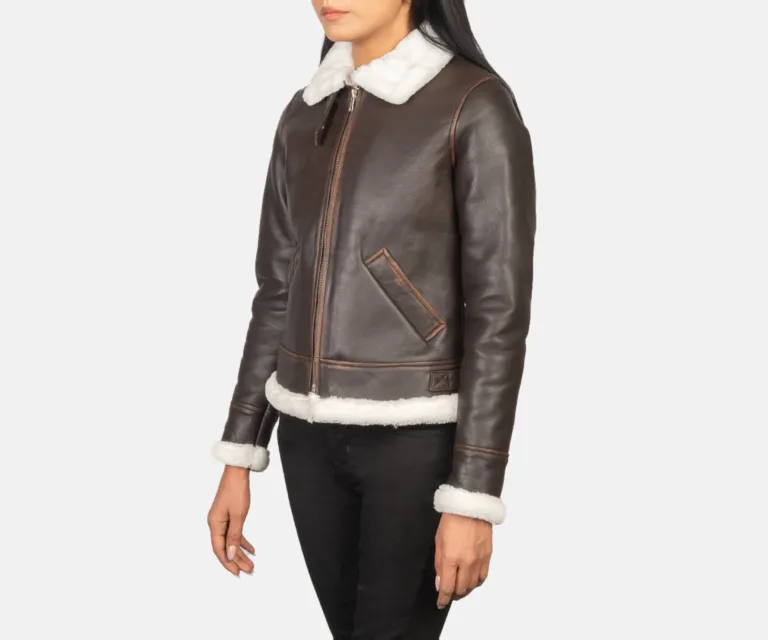 Sherilyn B-3 Brown Leather Bomber Jacket Luxury Women's Outerwear — Three-Quarter Editorial Perspective