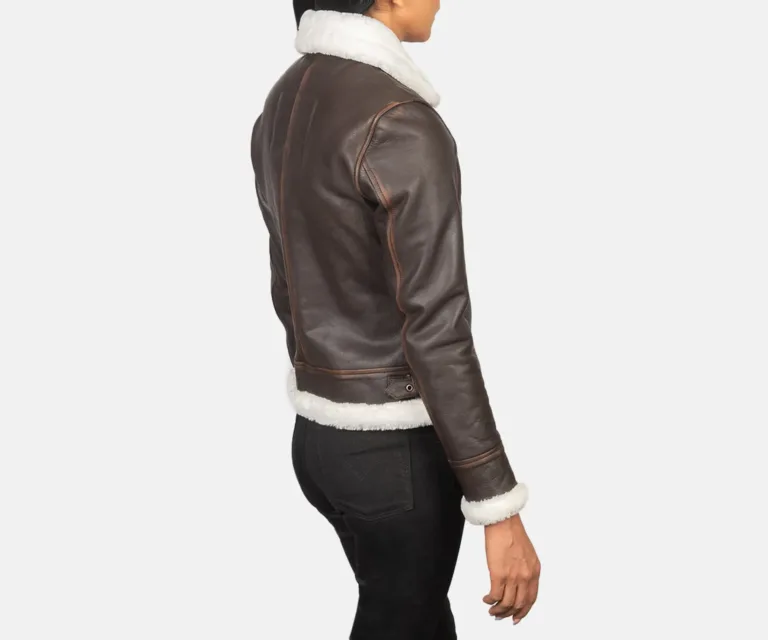 Sherilyn B-3 Brown Leather Bomber Jacket Luxury Women's Outerwear — Macro Hardware & Leather Grain