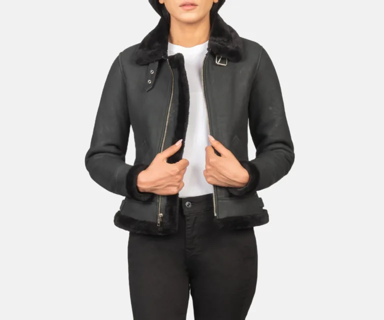 Sherilyn B-3 Distressed Black Leather Bomber Jacket Luxury Women's Outerwear — Front Silhouette Hero Presentation