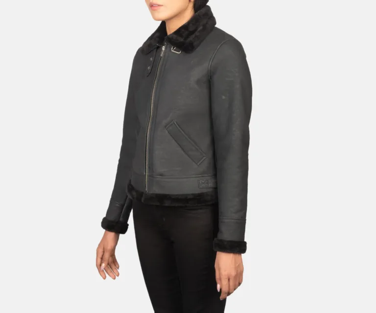 Sherilyn B-3 Distressed Black Leather Bomber Jacket Luxury Women's Outerwear — Three-Quarter Editorial Perspective
