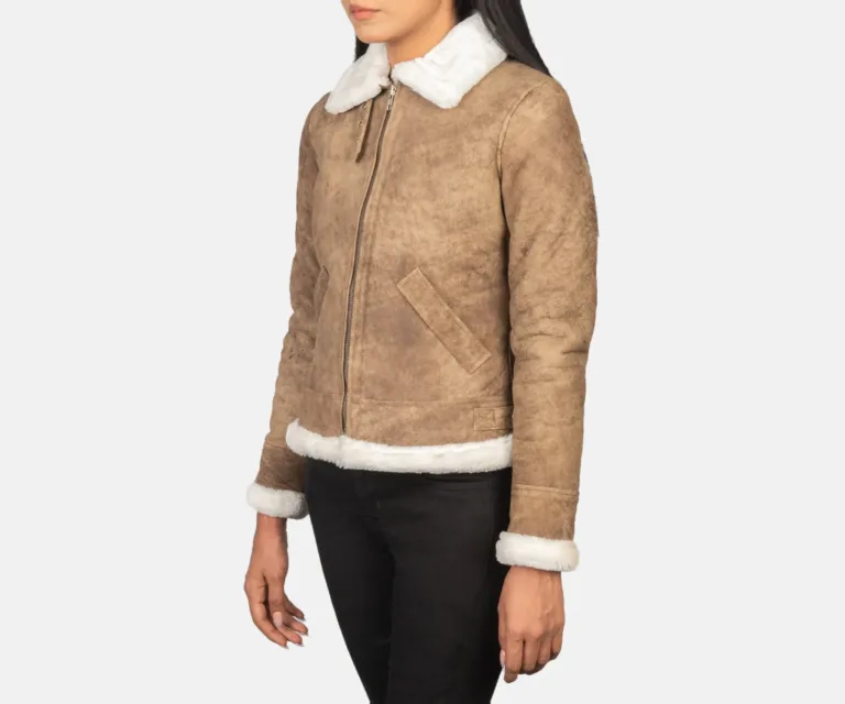Sherilyn B-3 Distressed Brown Leather Bomber Jacket Luxury Women's Outerwear — Three-Quarter Editorial Perspective