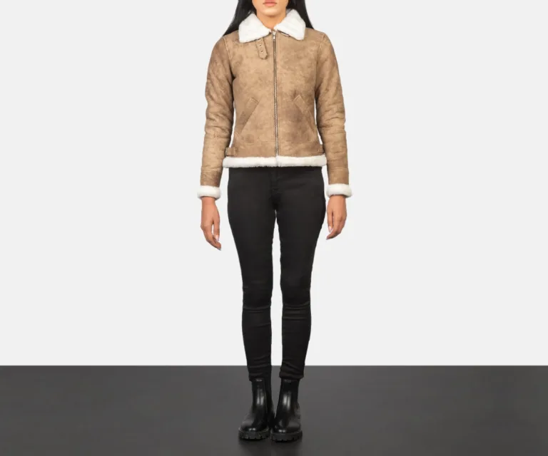 Sherilyn B-3 Distressed Brown Leather Bomber Jacket Luxury Women's Outerwear — Collar & Ribbed Trim Architecture