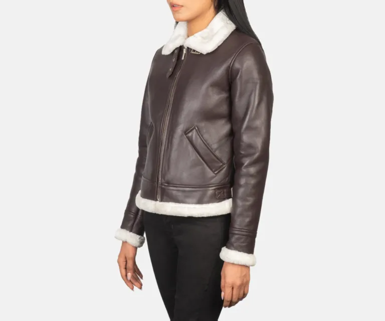 Sherilyn B-3 Maroon Leather Bomber Jacket Luxury Women's Outerwear — Three-Quarter Editorial Perspective
