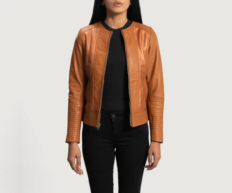 Sleeky Clean Tan Leather Biker Jacket Luxury Women's Biker Jacket — Front Silhouette Hero Presentation