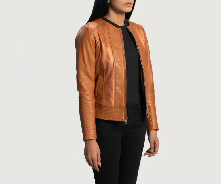Sleeky Clean Tan Leather Biker Jacket Luxury Women's Biker Jacket — Three-Quarter Editorial Perspective