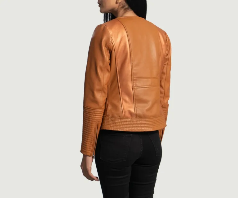 Sleeky Clean Tan Leather Biker Jacket Luxury Women's Biker Jacket — Macro Hardware & Leather Grain