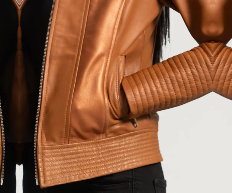 Sleeky Clean Tan Leather Biker Jacket Luxury Women's Biker Jacket — Full-Length Silhouette & Drape