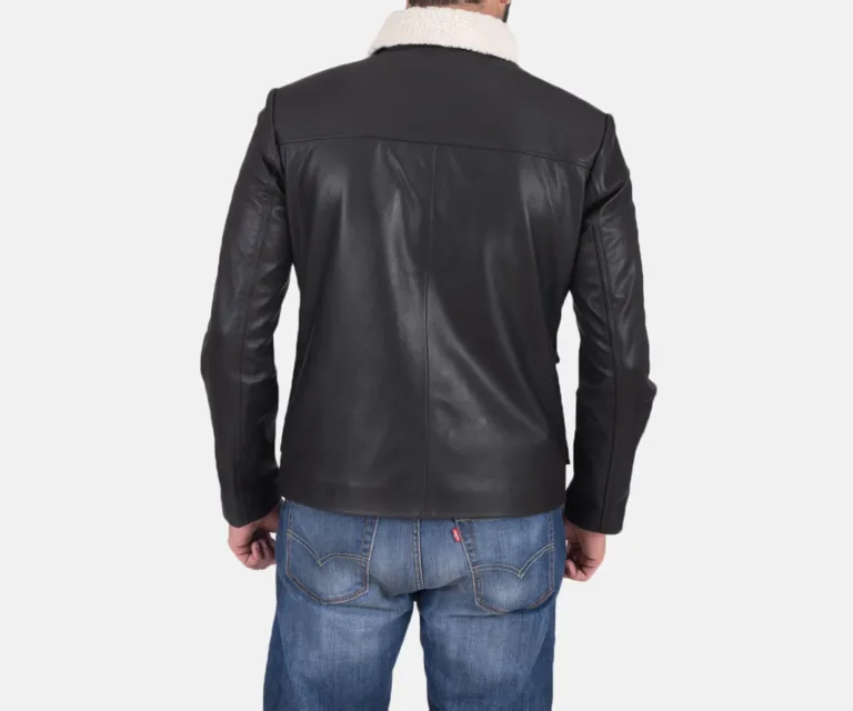 Snow Cole Black Leather Jacket — Front Collar Fur & Buckle Detail