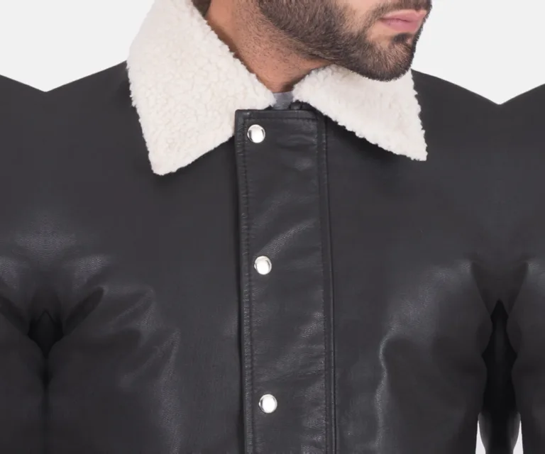 Snow Cole Black Leather Jacket — Macro Detail Fur Lining, Leather Grain & Buckles