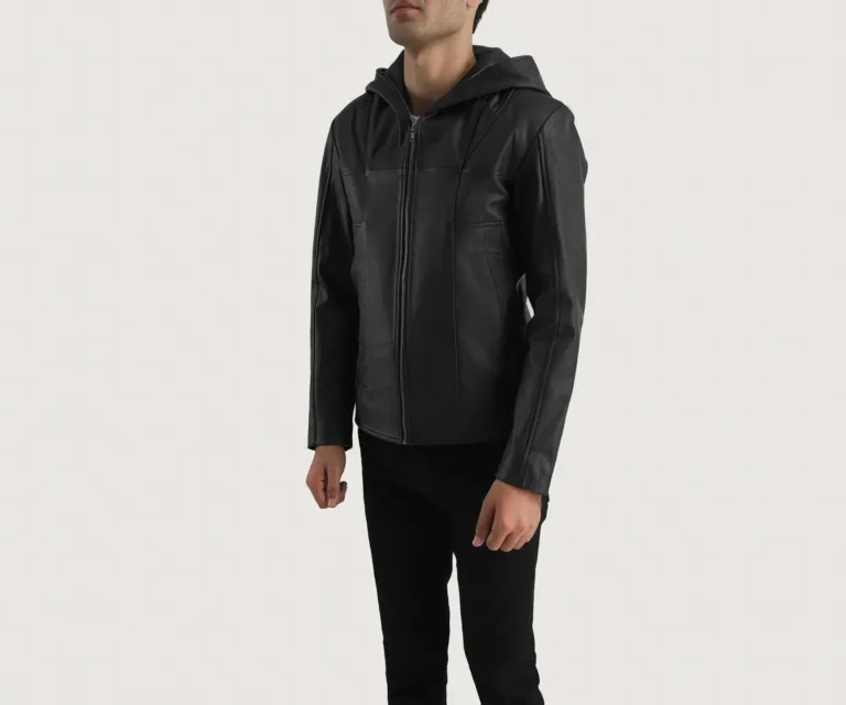Spratt Black Hooded Leather Jacket — Quarter Angle Profile & Contoured Sleeve Detail
