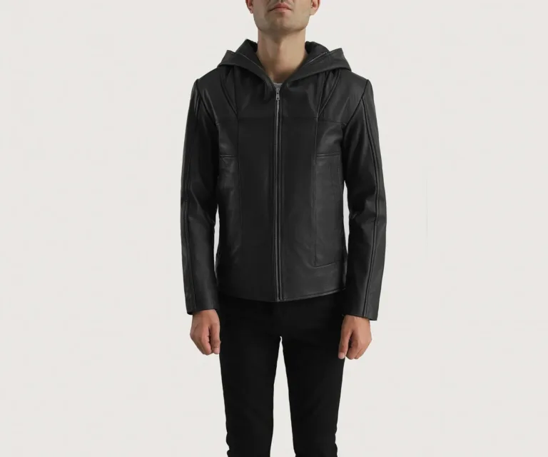 Spratt Black Hooded Leather Jacket — Front Collar / Hood & Placket Detail