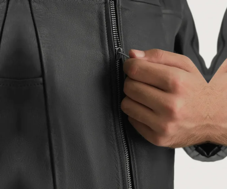 Spratt Black Hooded Leather Jacket — Macro Detail Leather Grain, Stitching & Hardware