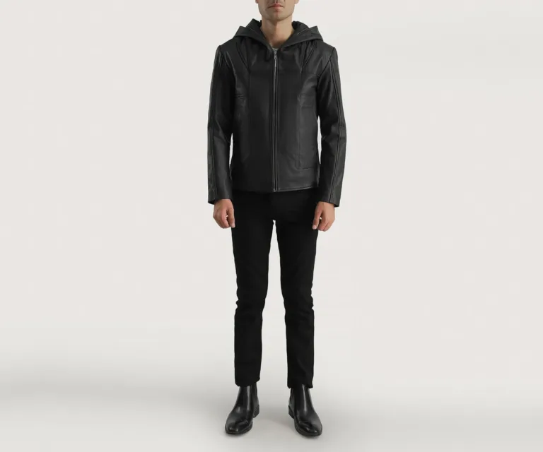 Spratt Black Hooded Leather Jacket — Full-Length Model Editorial Presentation