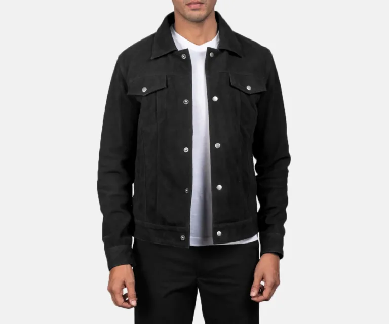 Stallon Black Suede Trucker Jacket — Front Open Hero Presentation