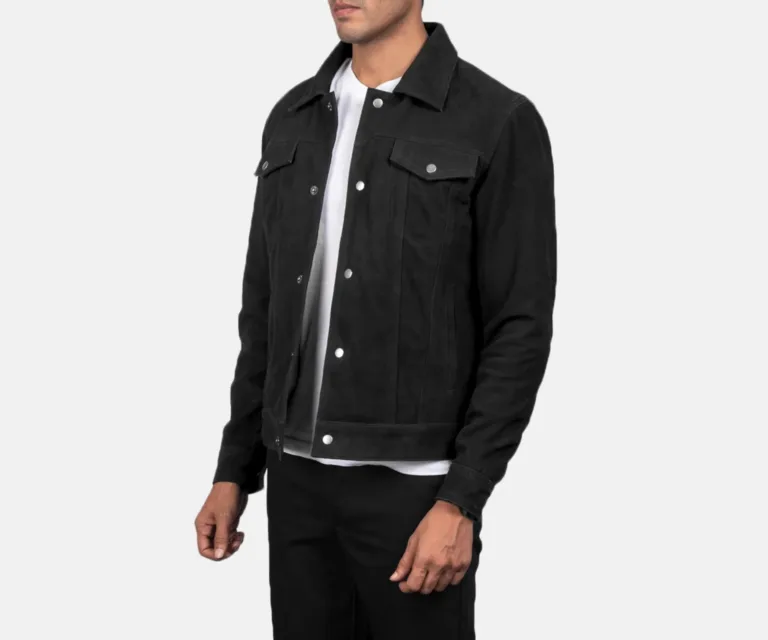 Stallon Black Suede Trucker Jacket — Quarter Angle Profile & Contoured Sleeve Detail