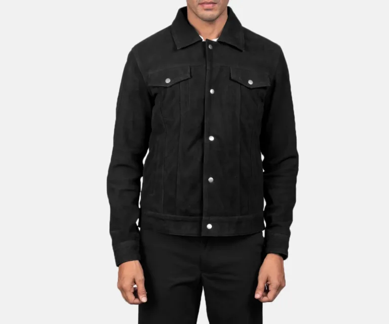 Stallon Black Suede Trucker Jacket — Rear Back View & Clean Tailored Hemline