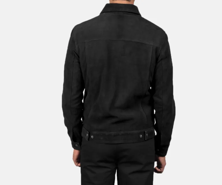 Stallon Black Suede Trucker Jacket — Macro Detail Soft Suede Nap, Stitching & Buttons