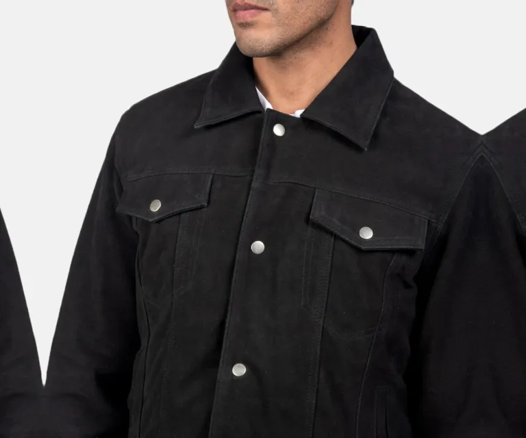 Stallon Black Suede Trucker Jacket — Full-Length Model Editorial Presentation