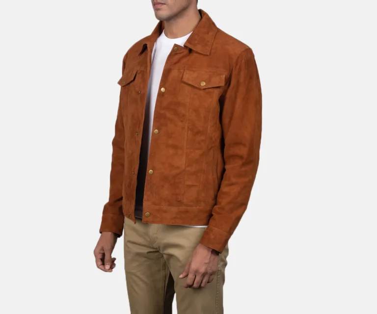 Stallon Brown Suede Trucker Jacket — Quarter Angle Profile & Contoured Sleeve Detail