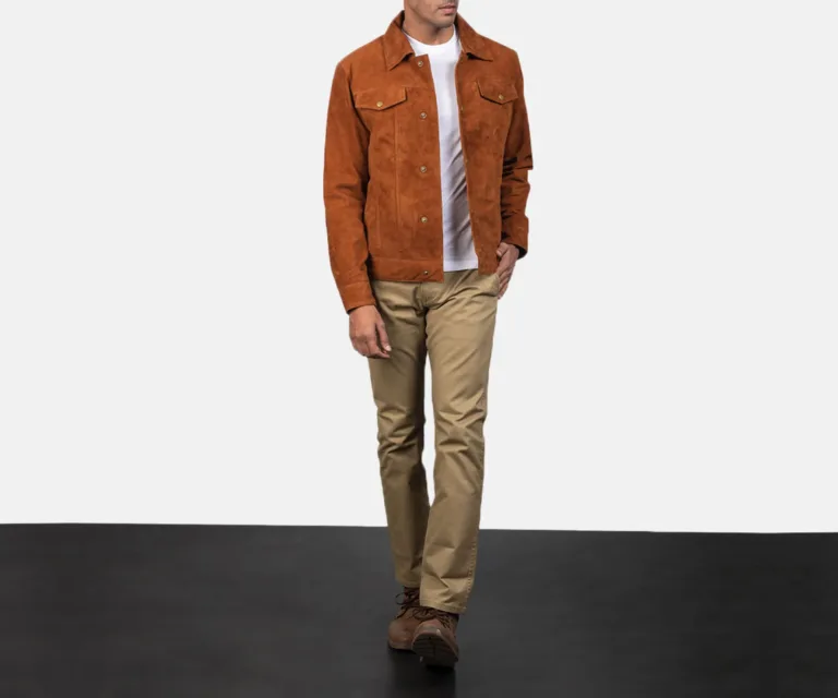 Stallon Brown Suede Trucker Jacket — Rear Back View & Clean Tailored Hemline
