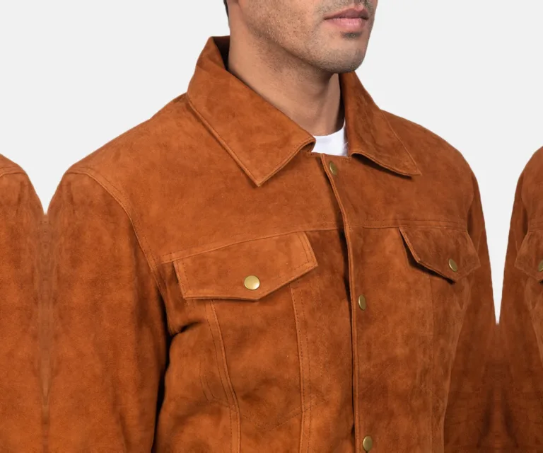 Stallon Brown Suede Trucker Jacket — Macro Detail Soft Suede Nap, Stitching & Buttons