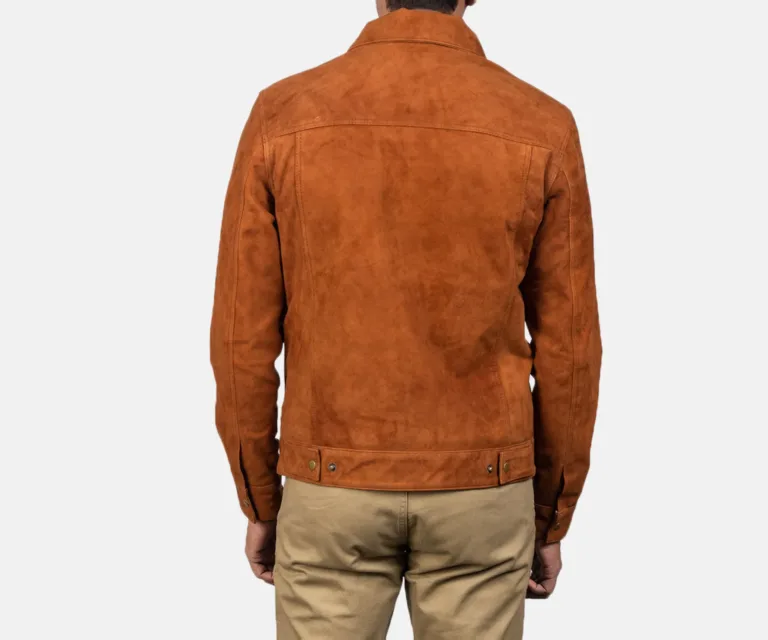 Stallon Brown Suede Trucker Jacket — Full-Length Model Editorial Presentation
