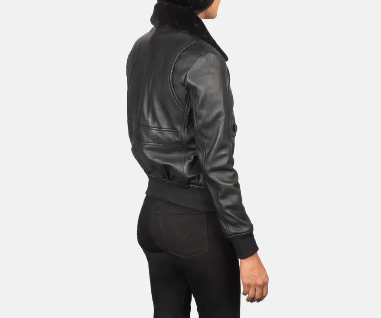 Stella G-1 Black Leather Bomber Jacket Luxury Women's Outerwear — Macro Hardware & Leather Grain