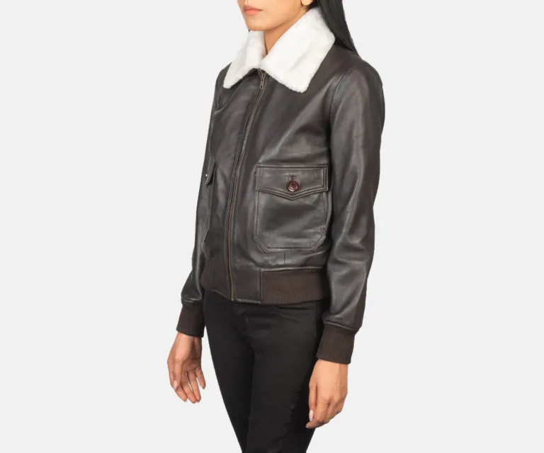 Stella G-1 Brown Leather Bomber Jacket Luxury Women's Outerwear — Three-Quarter Editorial Perspective