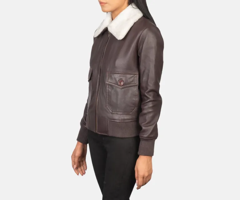 Stella G-1 Maroon Leather Bomber Jacket Luxury Women's Outerwear — Three-Quarter Editorial Perspective