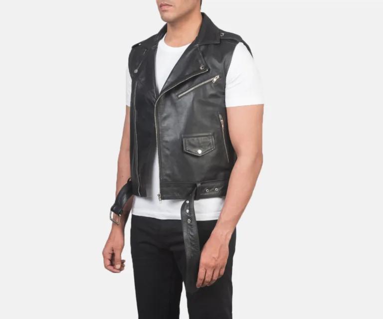 Sullivan Black Leather Biker Vest — Quarter Angle Profile & Armhole Detail