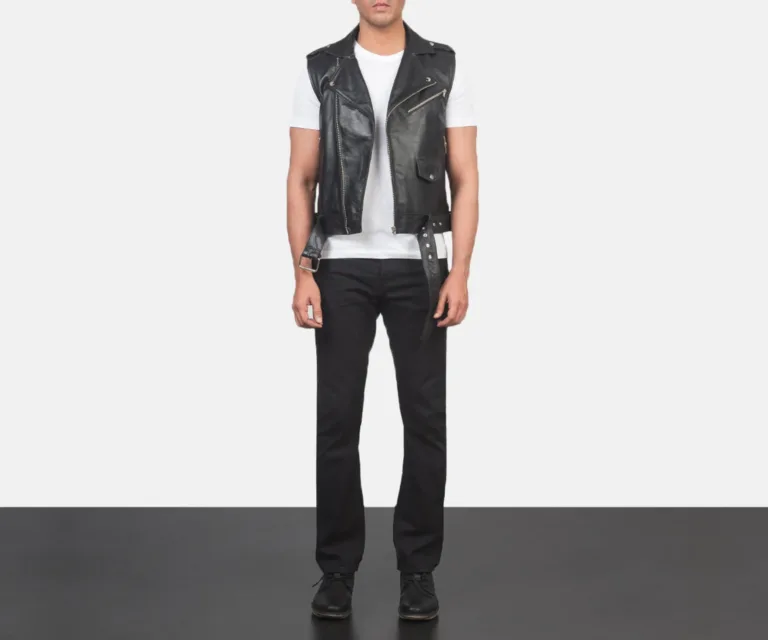 Sullivan Black Leather Biker Vest — Front Placket Closure & Collar Detail