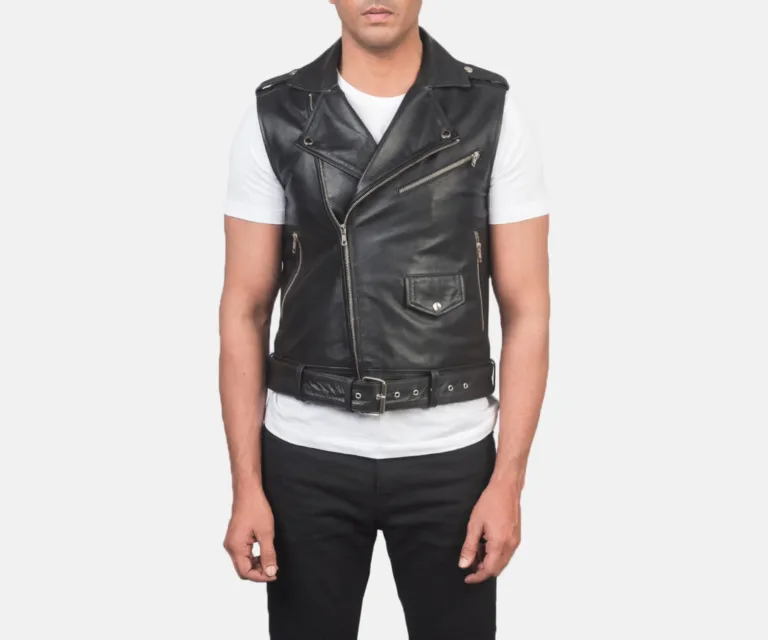 Sullivan Black Leather Biker Vest — Rear Back View & Clean Tailored Hemline