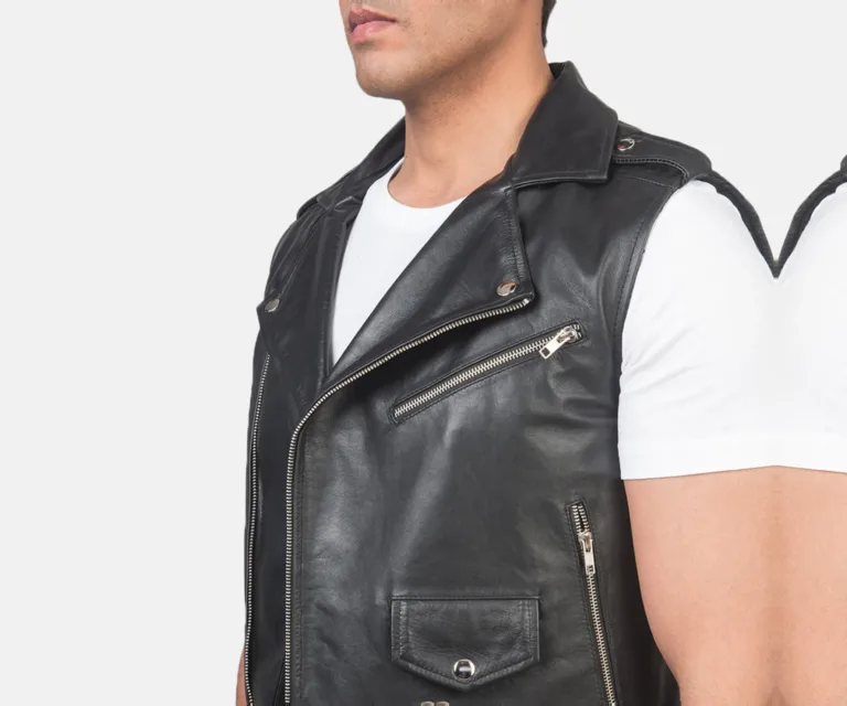 Sullivan Black Leather Biker Vest — Full-Length Model Editorial Presentation