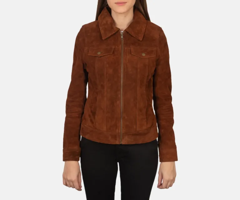 Suzy Brown Suede Trucker Jacket Luxury Women's Outerwear — Three-Quarter Editorial Perspective