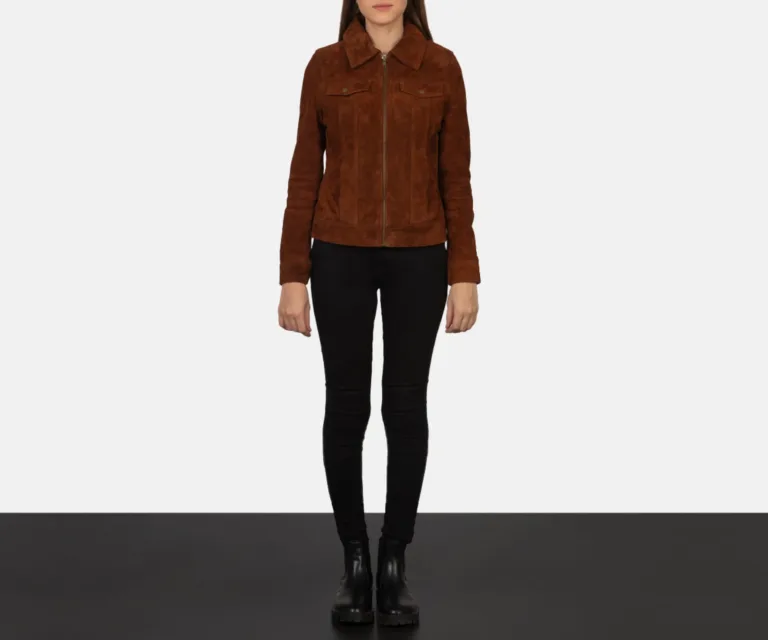 Suzy Brown Suede Trucker Jacket Luxury Women's Outerwear — Rear Profile & Tailored Seaming