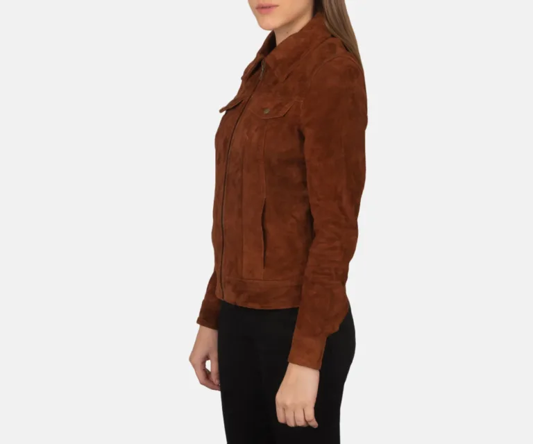 Suzy Brown Suede Trucker Jacket Luxury Women's Outerwear — Macro Hardware & Leather Grain