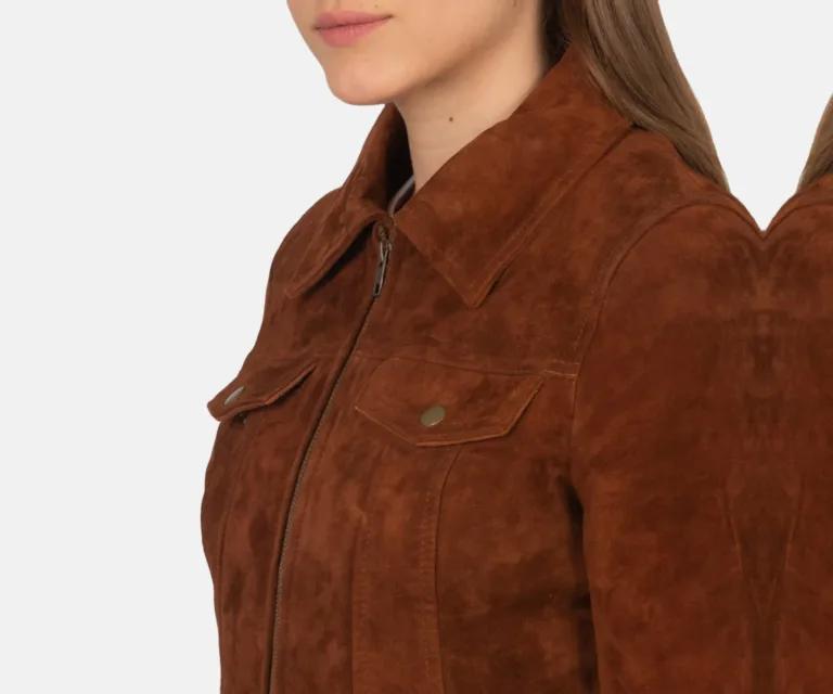 Suzy Brown Suede Trucker Jacket Luxury Women's Outerwear — Full-Length Silhouette & Drape