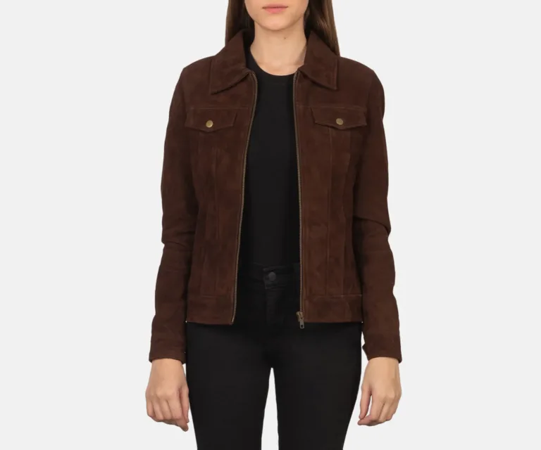 Suzy Mocha Suede Trucker Jacket Luxury Women's Outerwear — Front Silhouette Hero Presentation