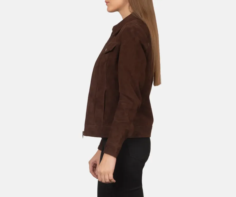 Suzy Mocha Suede Trucker Jacket Luxury Women's Outerwear — Collar & Closure Architecture