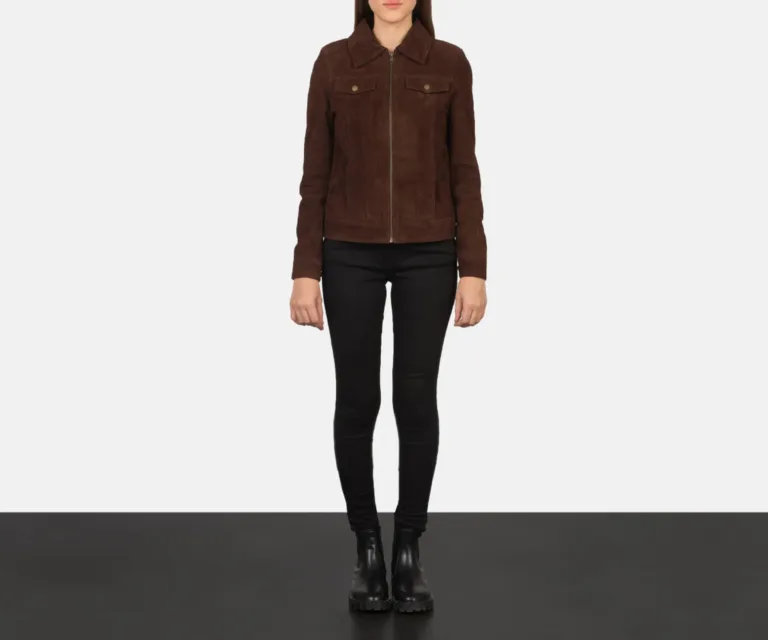 Suzy Mocha Suede Trucker Jacket Luxury Women's Outerwear — Rear Profile & Tailored Seaming