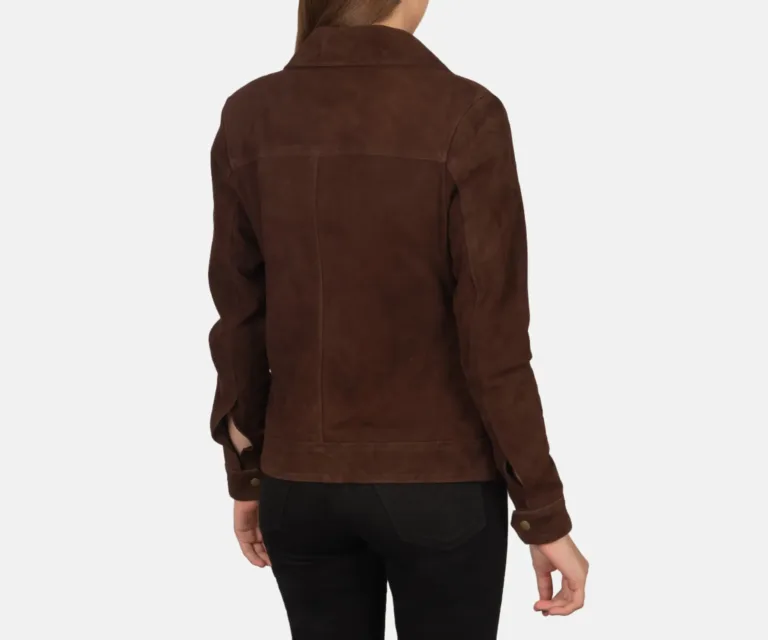 Suzy Mocha Suede Trucker Jacket Luxury Women's Outerwear — Macro Hardware & Leather Grain