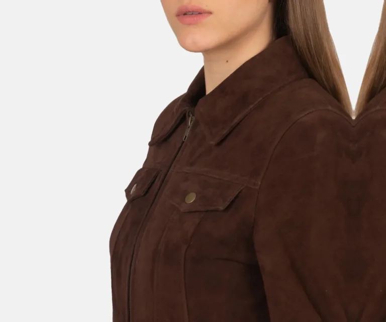 Suzy Mocha Suede Trucker Jacket Luxury Women's Outerwear — Full-Length Silhouette & Drape