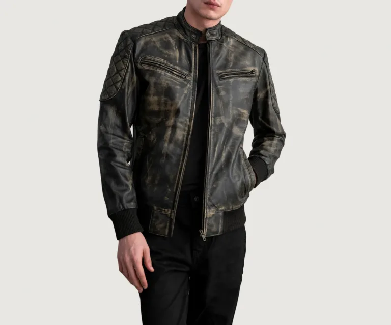Sven Distressed Brown Leather Bomber Jacket