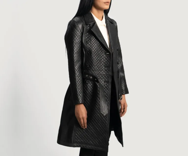 Sweet Susan Black Leather Trench Coat Luxury Women's Outerwear — Three-Quarter Editorial Perspective