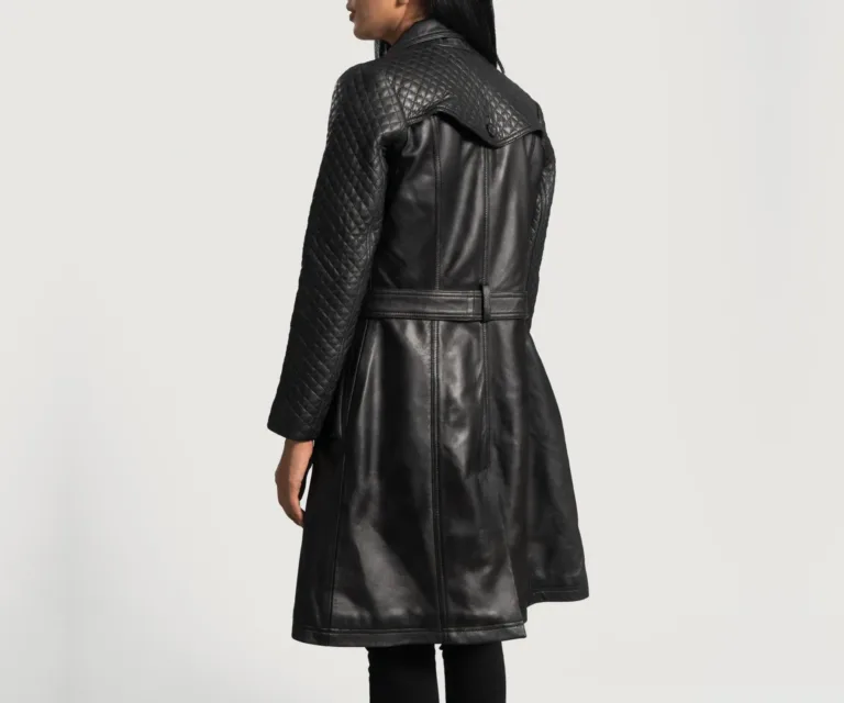 Sweet Susan Black Leather Trench Coat Luxury Women's Outerwear — Macro Hardware & Leather Grain