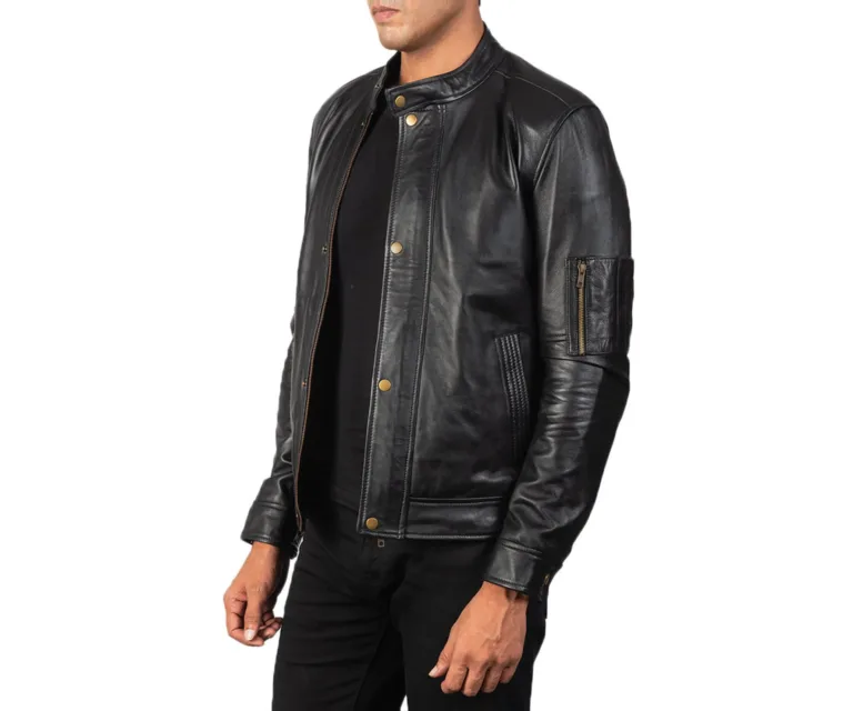 Tea House Black Leather Biker Jacket — Quarter Angle Profile & Contoured Sleeve Detail