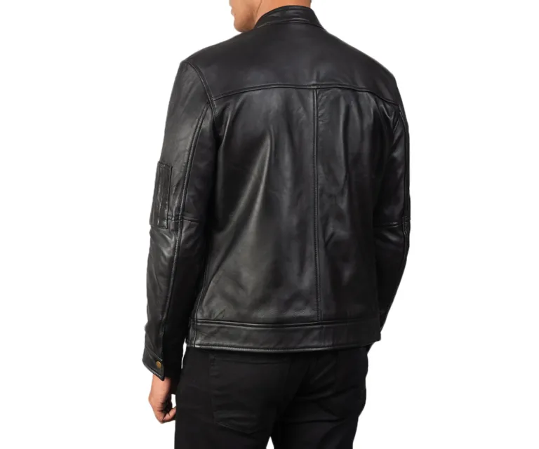 Tea House Black Leather Biker Jacket — Macro Detail Texture, Stitching & Hardware