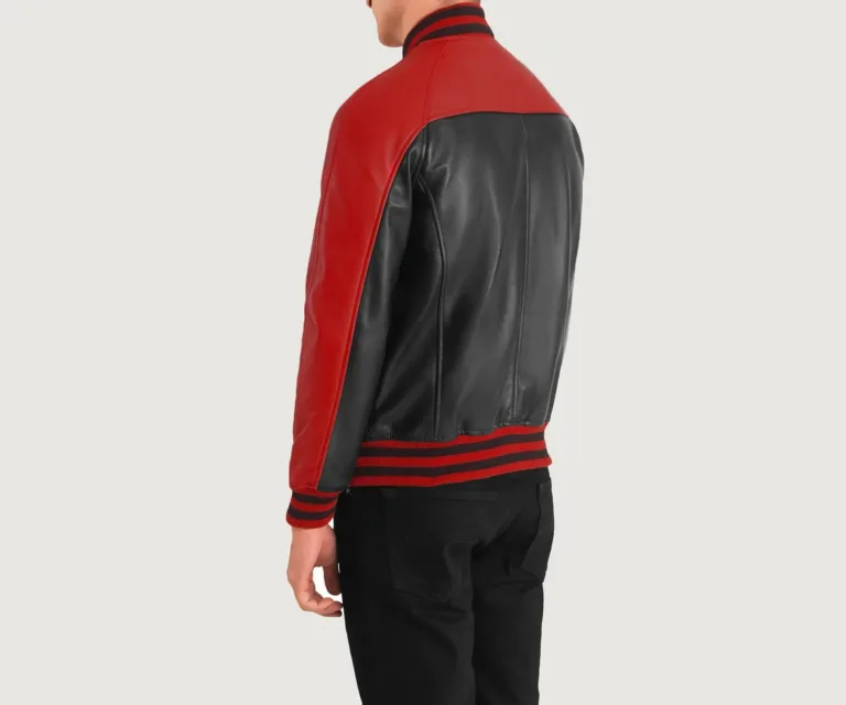 Terrance Black & Red Leather Varsity Jacket — Rear Back View & Striped Rib Hemline